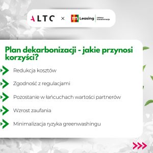 Jakie korzyści przynosi plan dekarbonizacji zrównoważony rozwój wsparcie doradztwo ESG ALTO mLeasing zielona transformacja w przedsiębiorstwie strategia dekarbonizacji przygotowanie